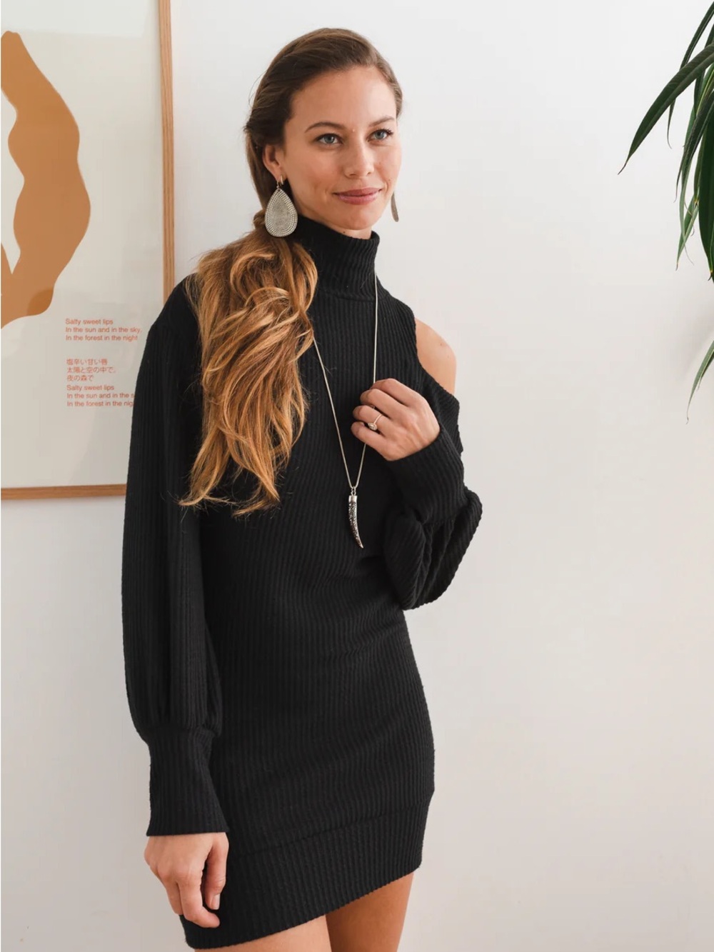 Anthropologie John+Jenn Longsleeve Cowl Neck Sweater Mini Dress Black Cut-out